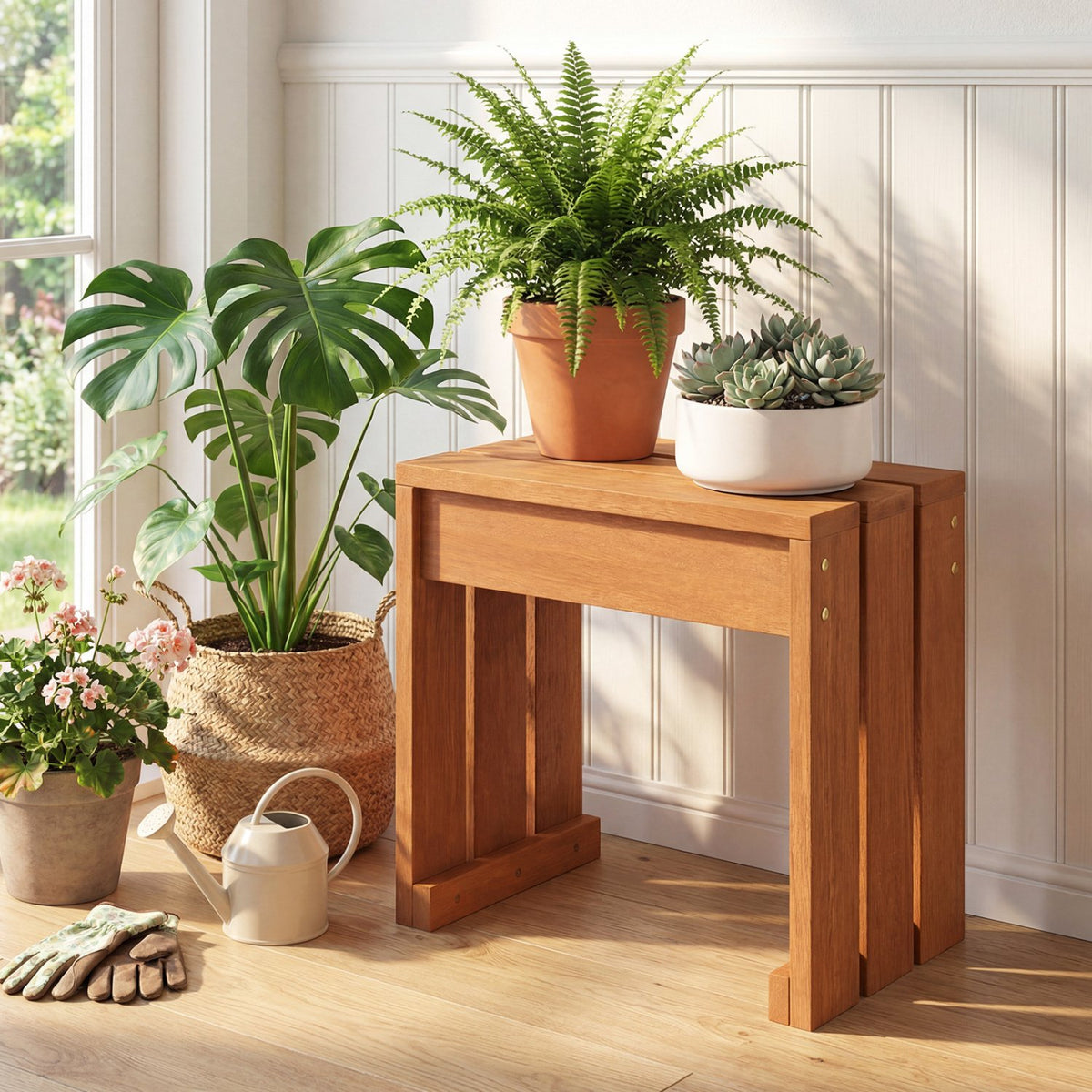 Outdoor Garden Bench Single Person Patio Backless Bench with Solid Wooden Frame view 6