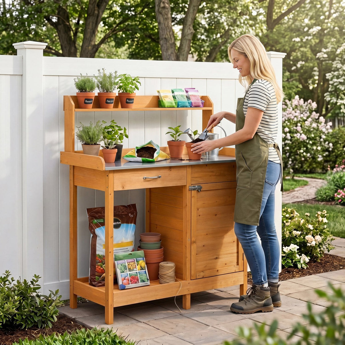 Outdoor Garden Wooden Work Station Potting Bench view 2