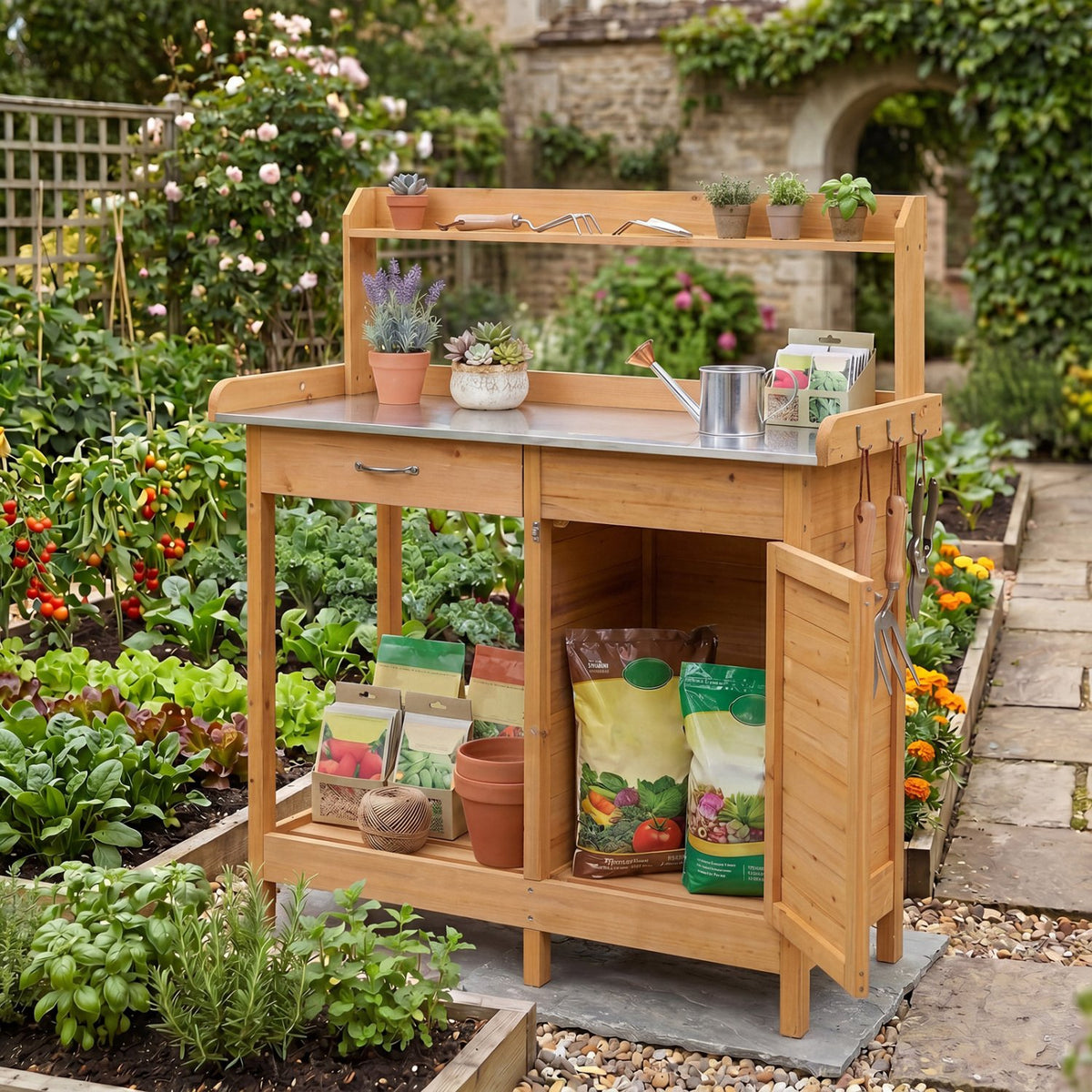 Outdoor Garden Wooden Work Station Potting Bench view 6