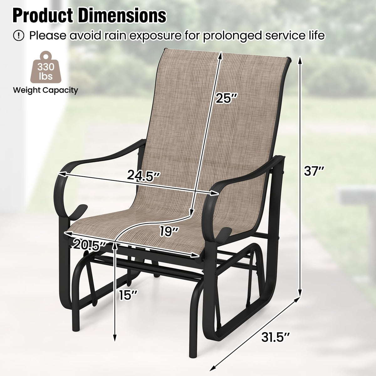 Outdoor Glider Chairs Set of 2 with High Backrest Breathable Mesh Fabric and Metal Frame-Black and Brown view 4