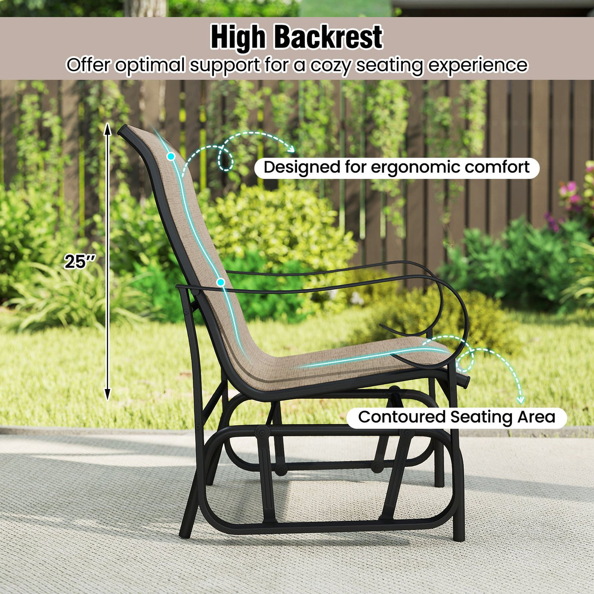 Outdoor Glider Chairs Set of 2 with High Backrest Breathable Mesh Fabric and Metal Frame-Black and Brown view 6