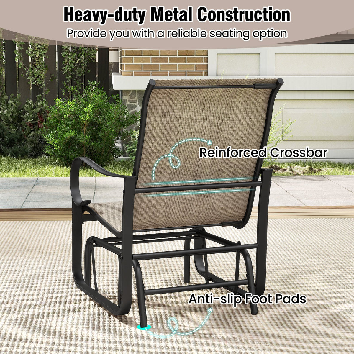 Outdoor Glider Chairs Set of 2 with High Backrest Breathable Mesh Fabric and Metal Frame-Black and Brown view 9