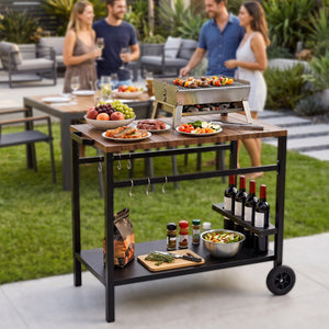 Outdoor Grill Cart with Spice Rack and Hooks for Patio and Garden-Brown view 2