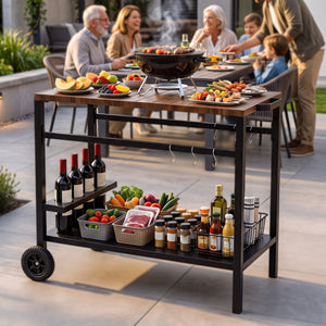 Outdoor Grill Cart with Spice Rack and Hooks for Patio and Garden-Brown view 3