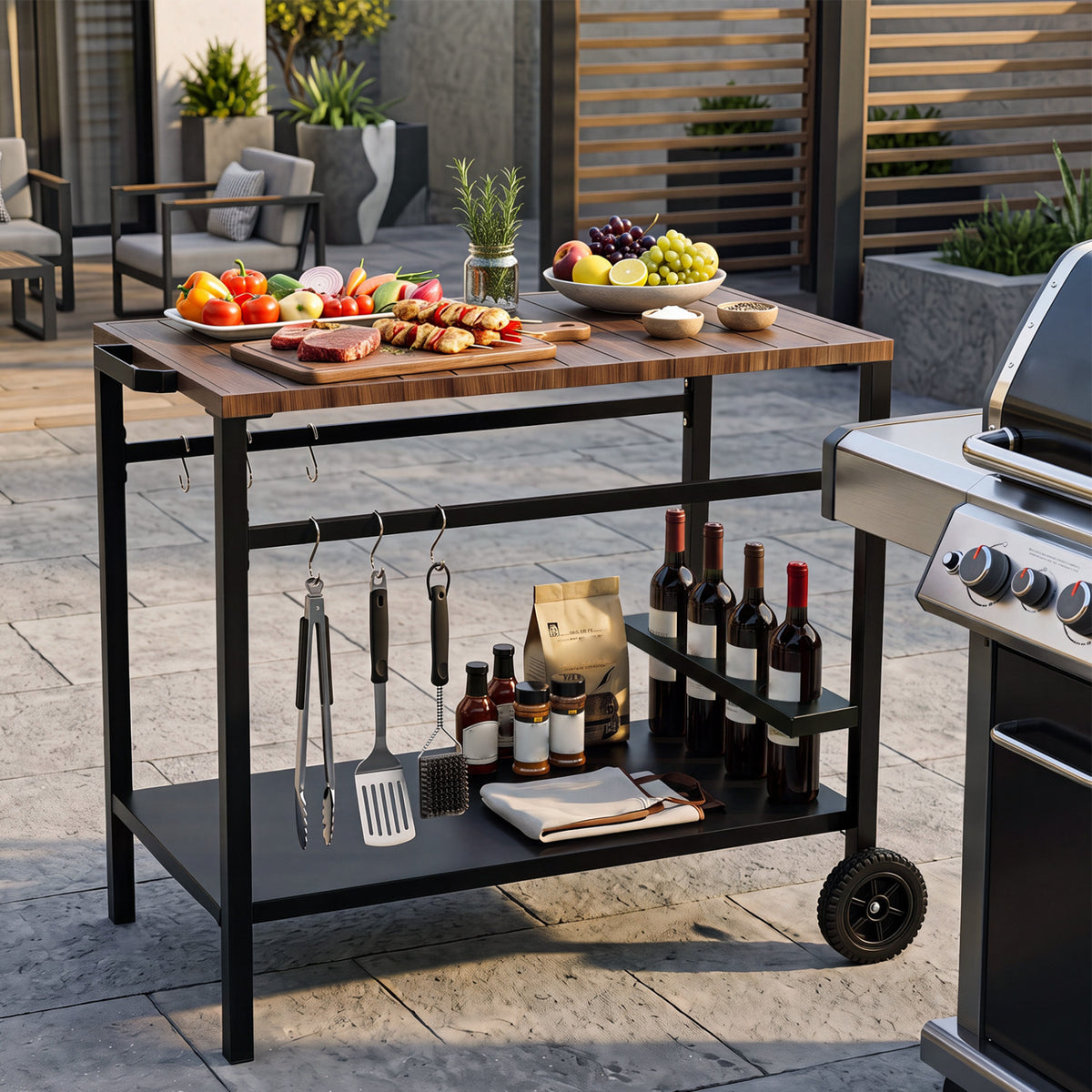 Outdoor Grill Cart with Spice Rack and Hooks for Patio and Garden-Brown view 6