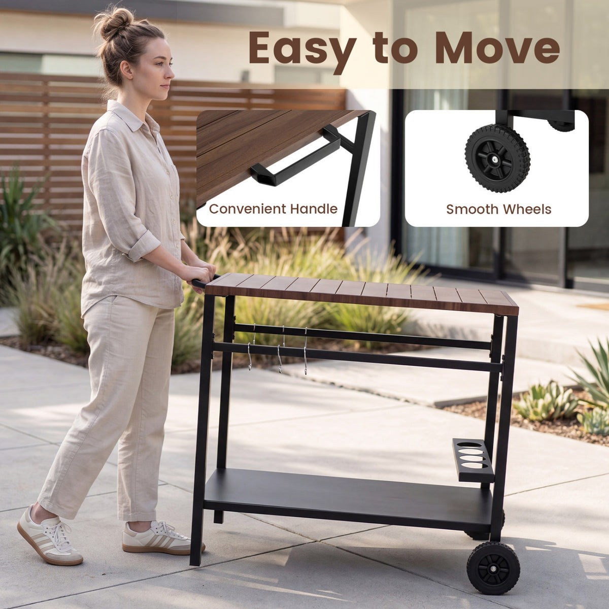 Outdoor Grill Cart with Spice Rack and Hooks for Patio and Garden-Brown view 8