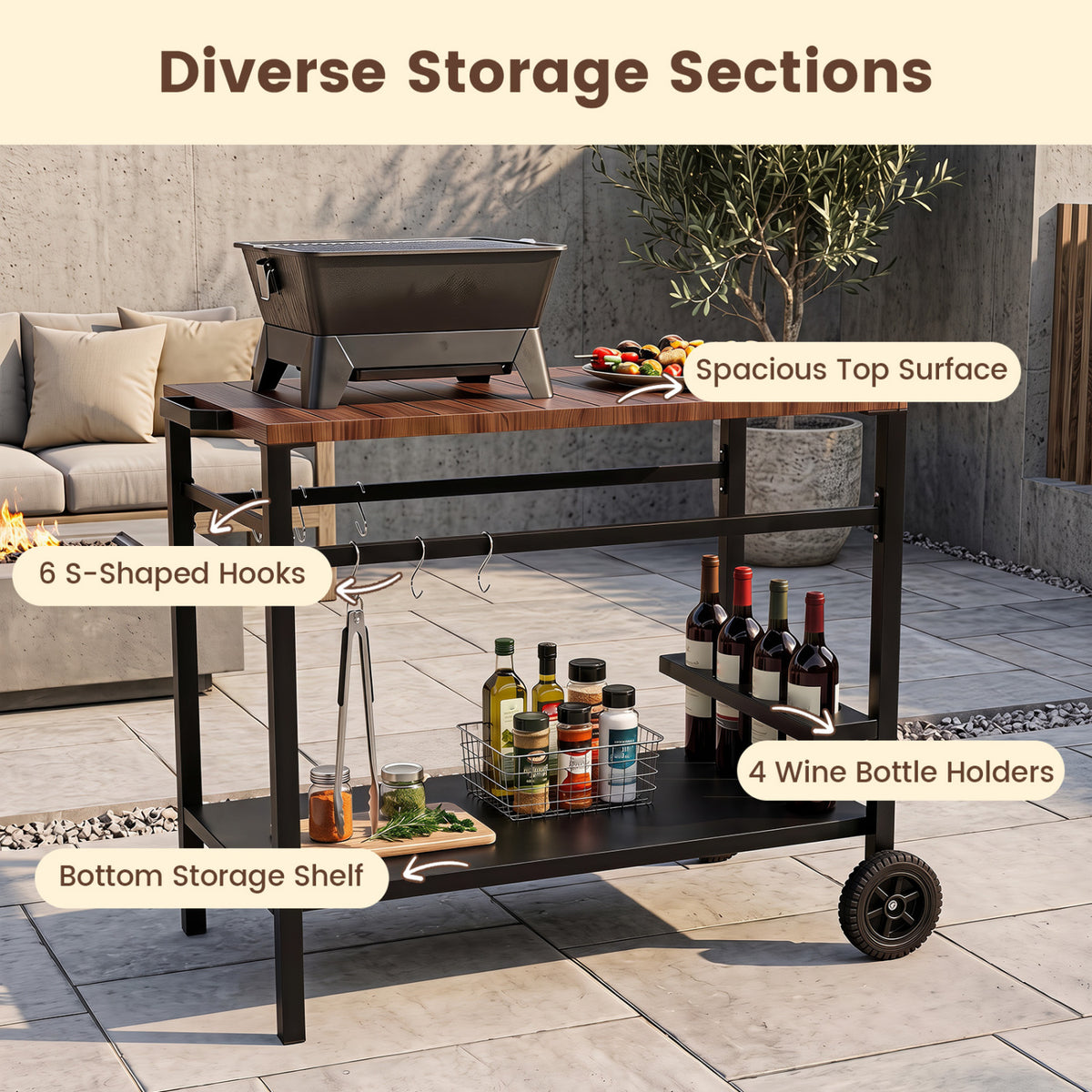 Outdoor Grill Cart with Spice Rack and Hooks for Patio and Garden-Brown view 9