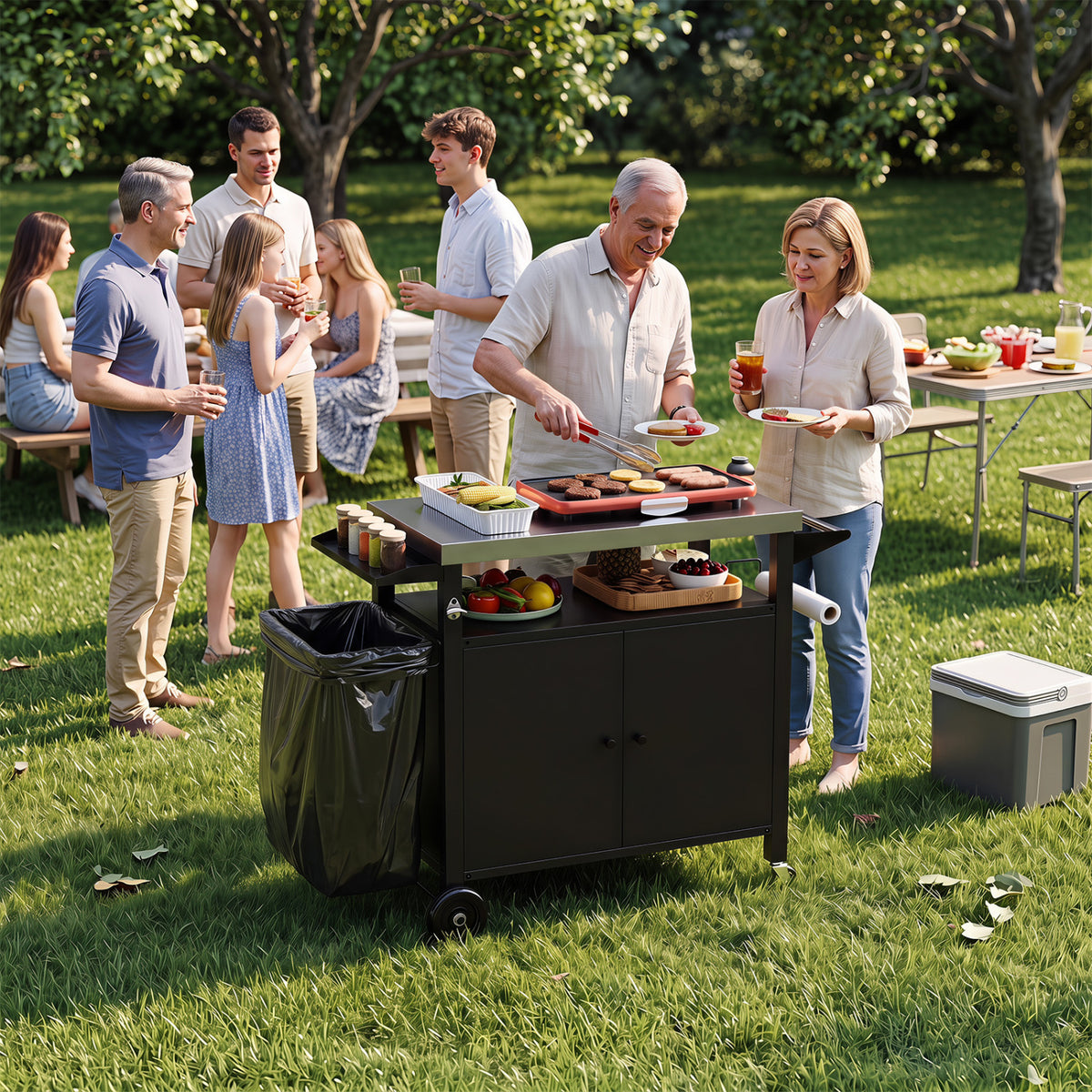 Outdoor Grill Cart with Stainless Steel Top & 2-Door Cabinet for BBQ Camping-Black view 3