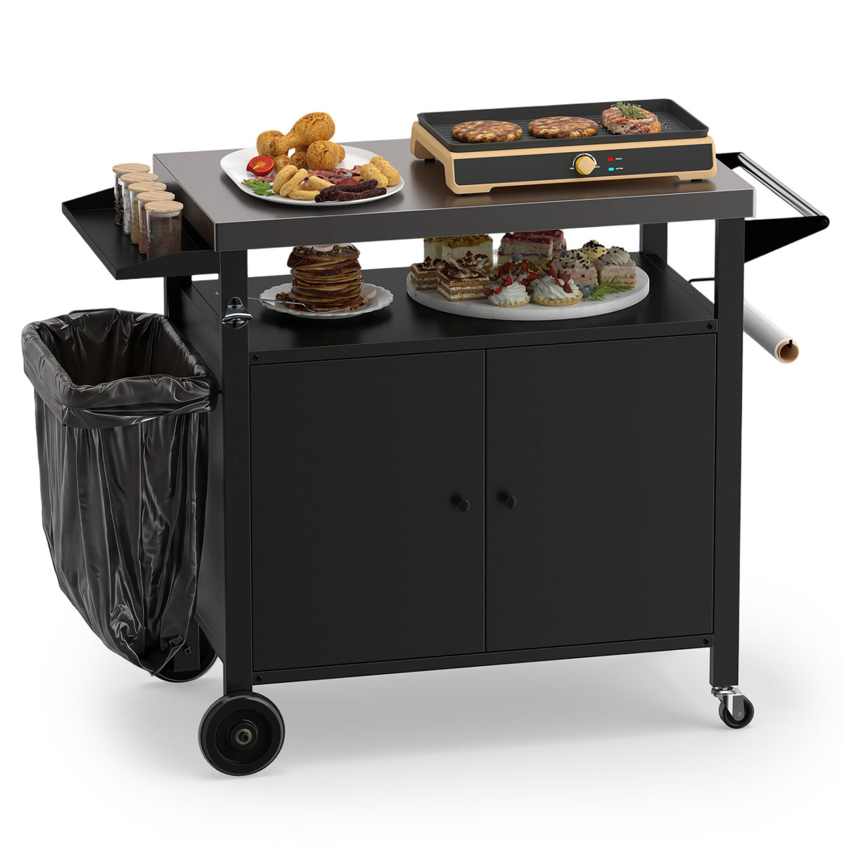 Outdoor Grill Cart with Stainless Steel Top & 2-Door Cabinet for BBQ Camping-Black view 4