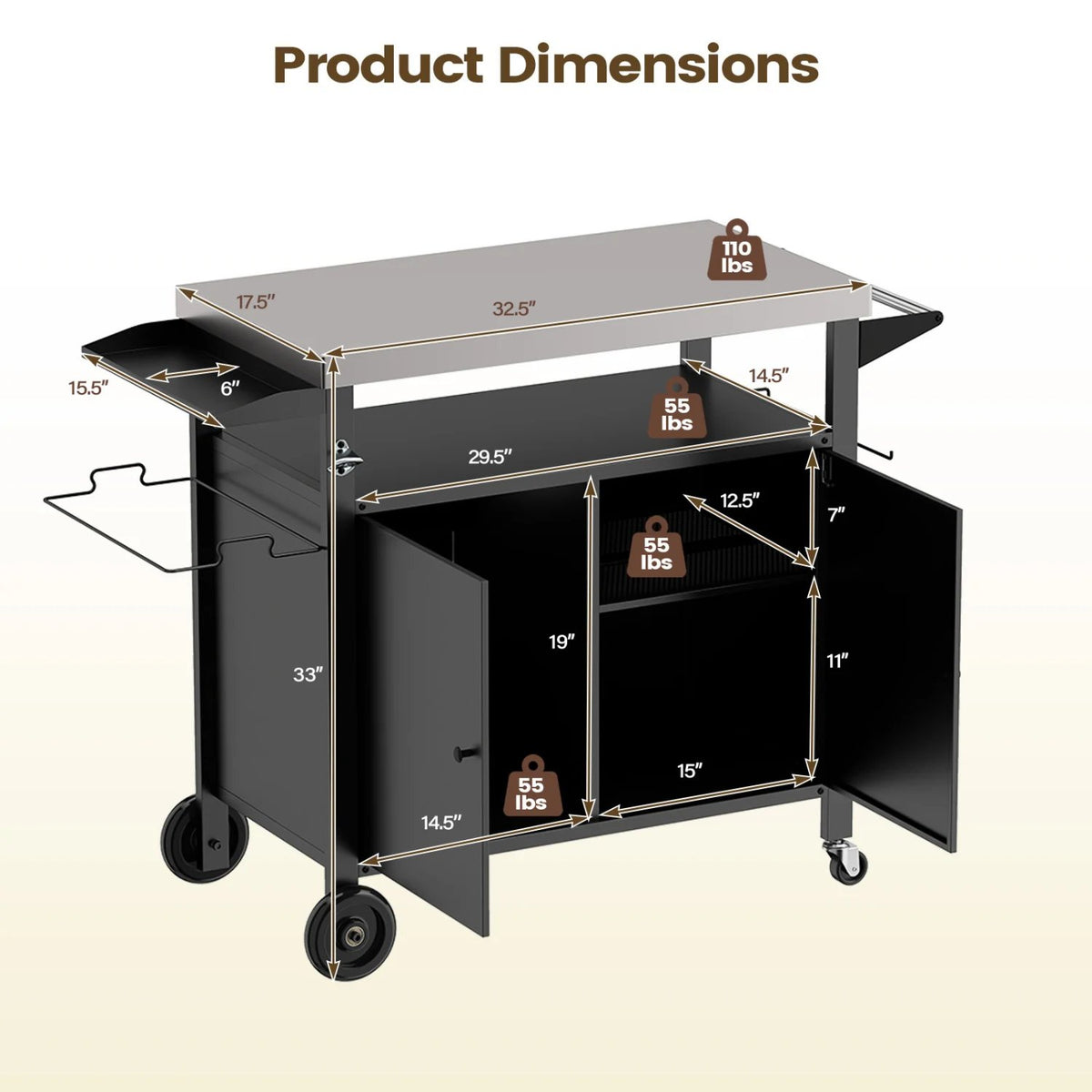 Outdoor Grill Cart with Stainless Steel Top & 2-Door Cabinet for BBQ Camping-Black view 5