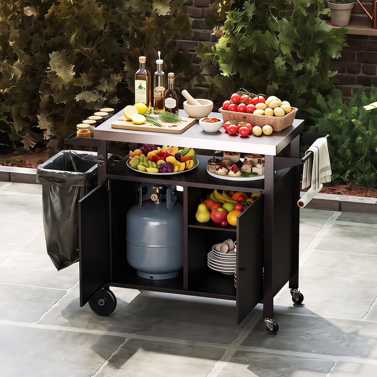 Outdoor Grill Cart with Stainless Steel Top & 2-Door Cabinet for BBQ Camping-Black view 6