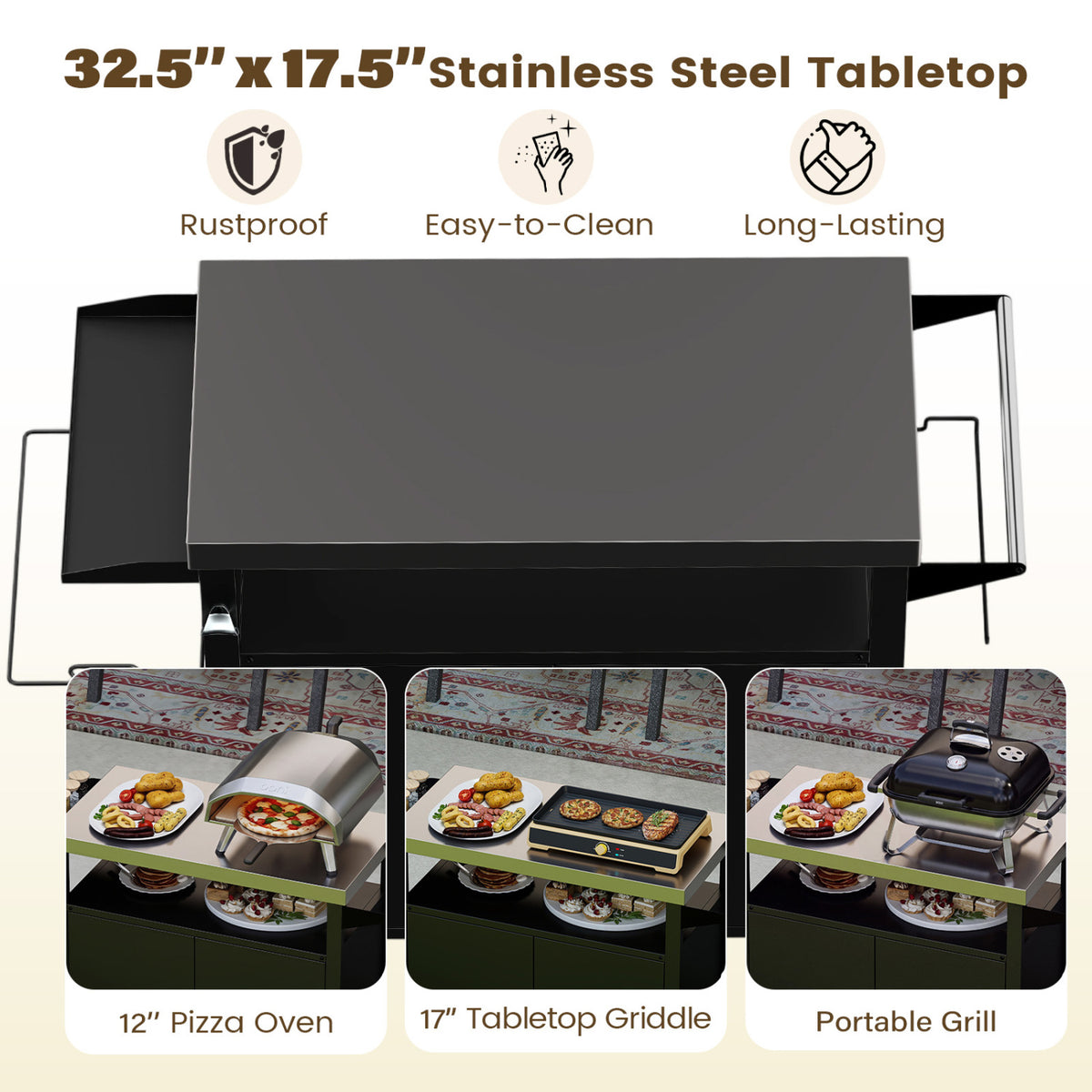 Outdoor Grill Cart with Stainless Steel Top & 2-Door Cabinet for BBQ Camping-Black view 7