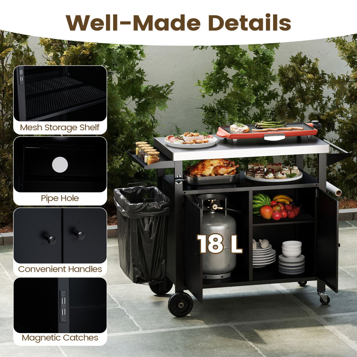 Outdoor Grill Cart with Stainless Steel Top & 2-Door Cabinet for BBQ Camping-Black view 9