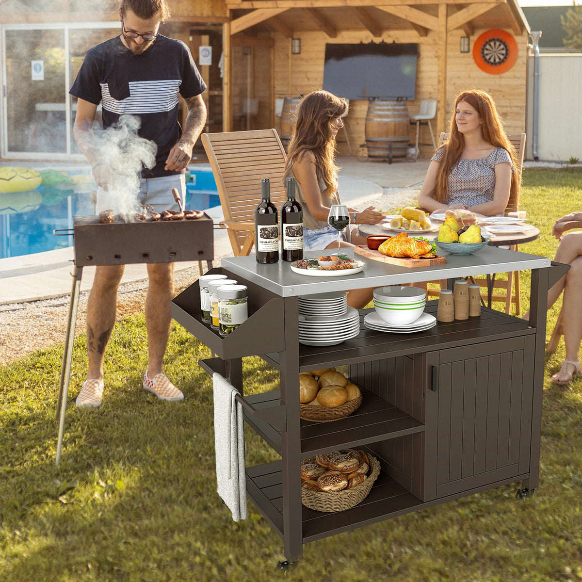 Outdoor Grill Cart with Storage Cabinet Shelves and Stainless Steel Top-Brown view 2
