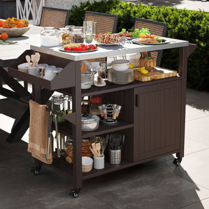 Outdoor Grill Cart with Storage Cabinet Shelves and Stainless Steel Top-Brown view 3