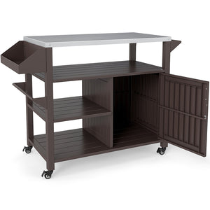 Outdoor Grill Cart with Storage Cabinet Shelves and Stainless Steel Top-Brown view 4