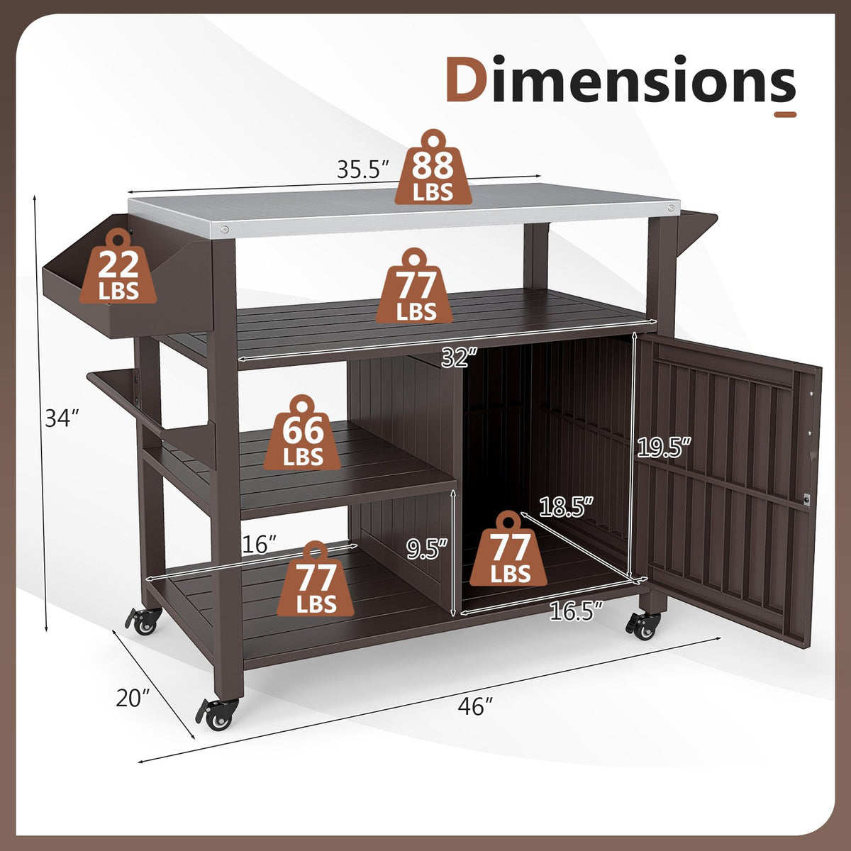Outdoor Grill Cart with Storage Cabinet Shelves and Stainless Steel Top-Brown view 5