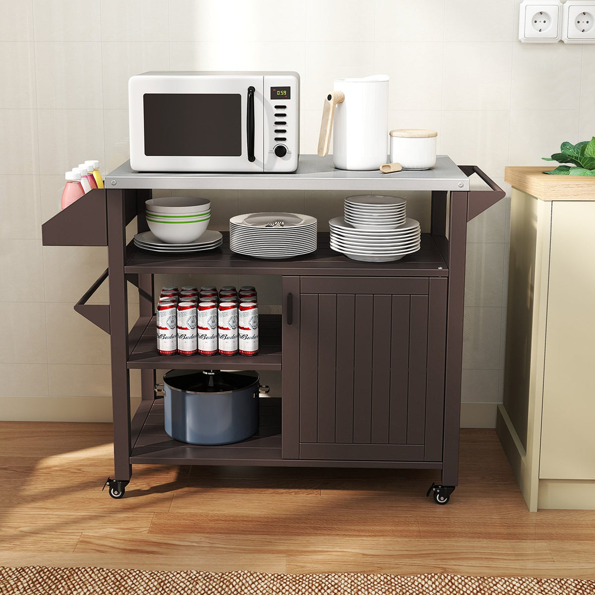Outdoor Grill Cart with Storage Cabinet Shelves and Stainless Steel Top-Brown view 6