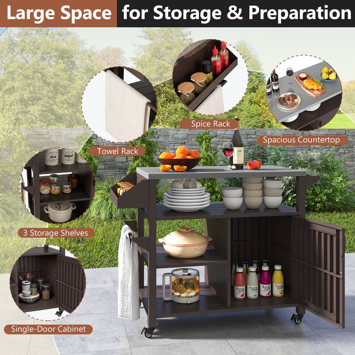 Outdoor Grill Cart with Storage Cabinet Shelves and Stainless Steel Top-Brown view 7