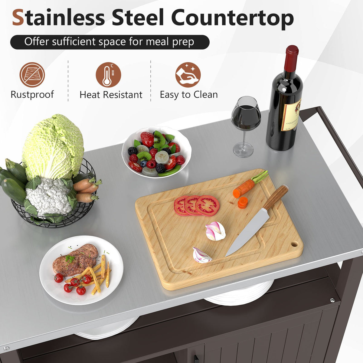 Outdoor Grill Cart with Storage Cabinet Shelves and Stainless Steel Top-Brown view 8