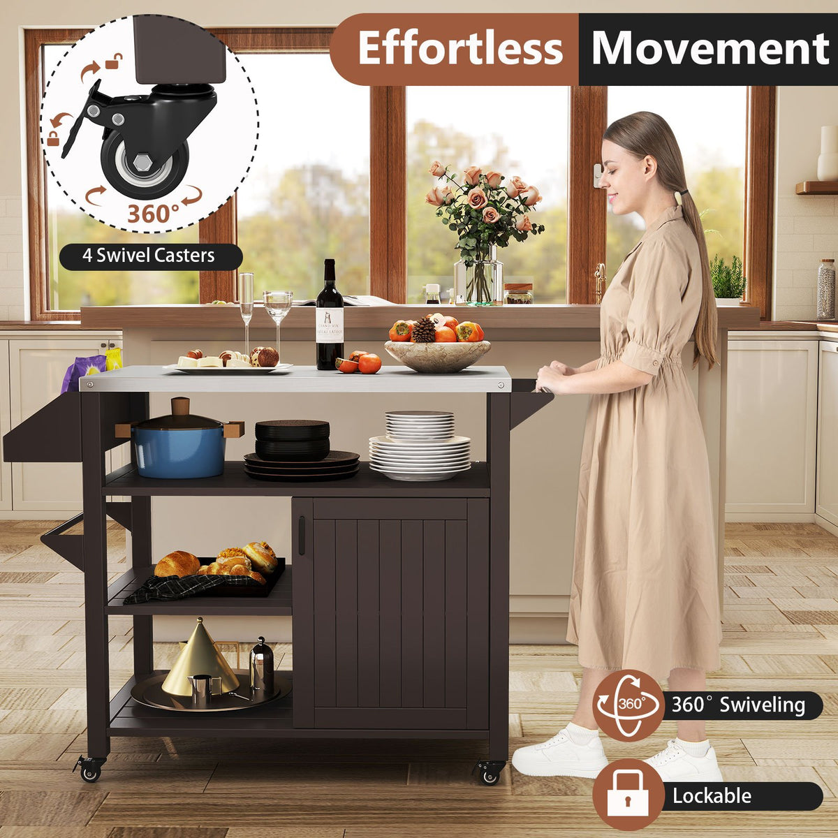 Outdoor Grill Cart with Storage Cabinet Shelves and Stainless Steel Top-Brown view 9
