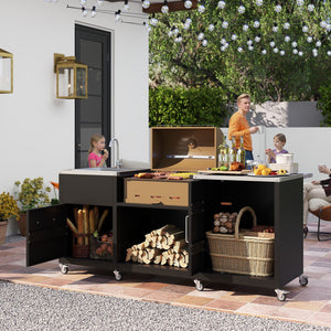 Outdoor Grill Table with Sink and Drainage Heavy Duty Metal Grill Cart-Black view 2