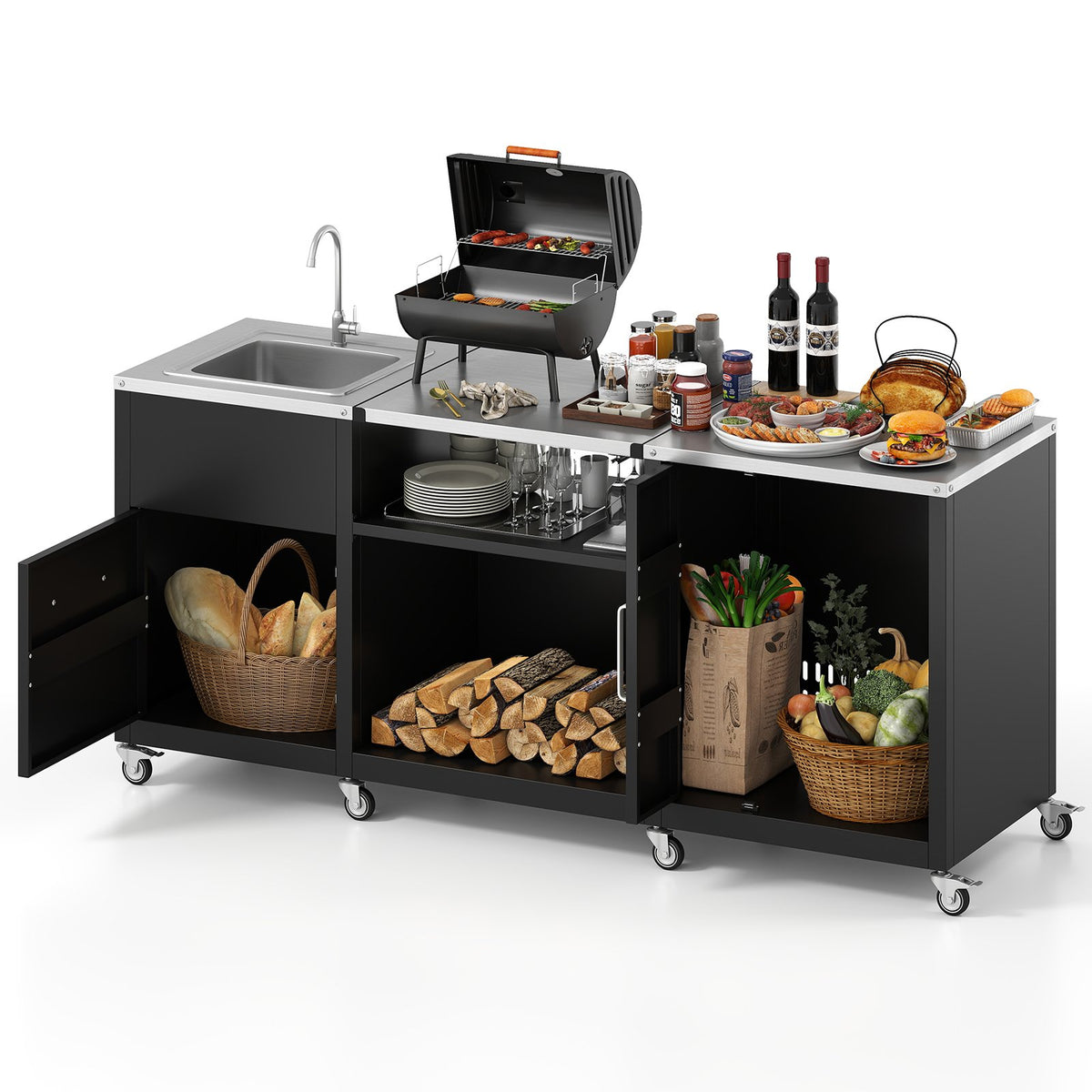 Outdoor Grill Table with Sink and Drainage Heavy Duty Metal Grill Cart-Black view 3