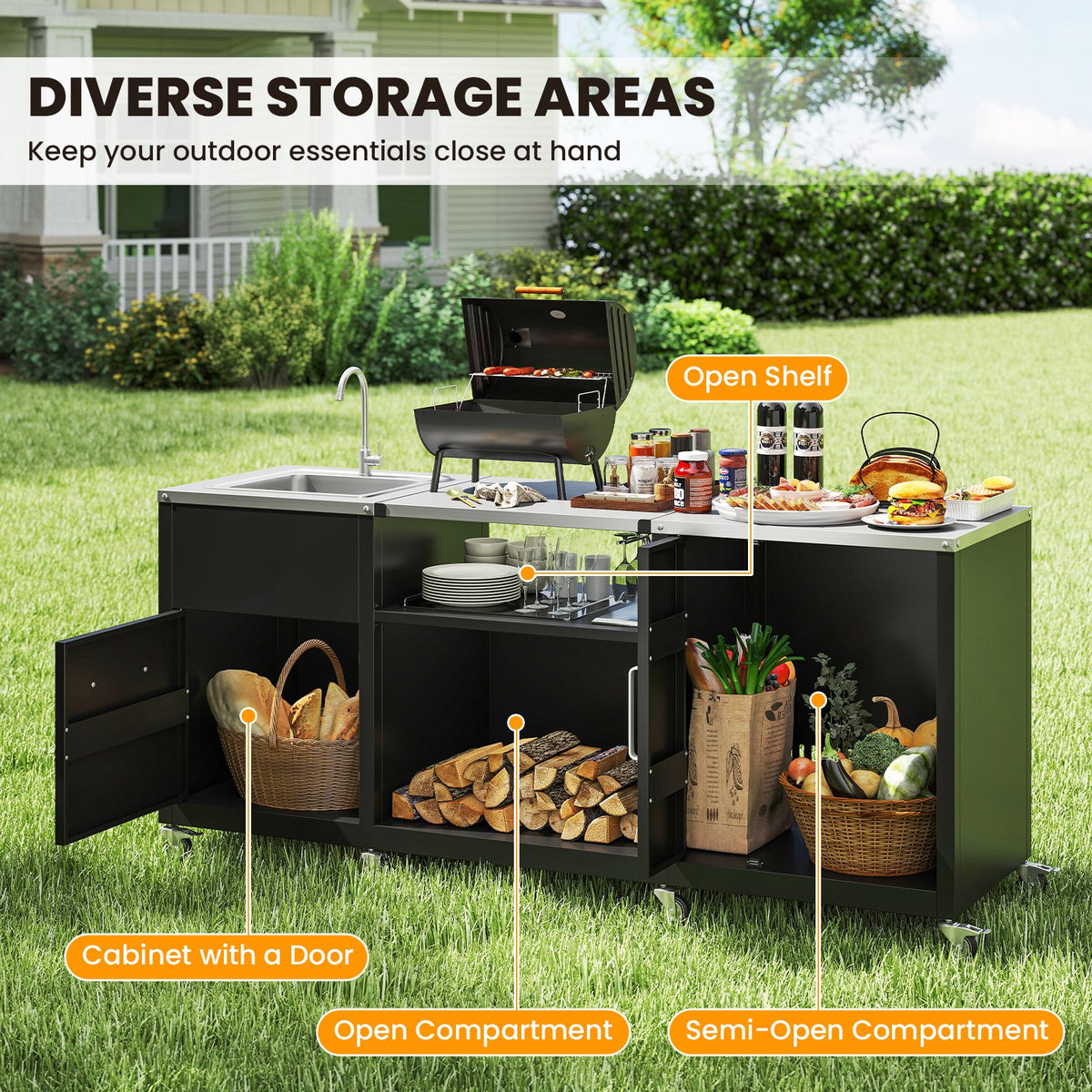 Outdoor Grill Table with Sink and Drainage Heavy Duty Metal Grill Cart-Black view 9