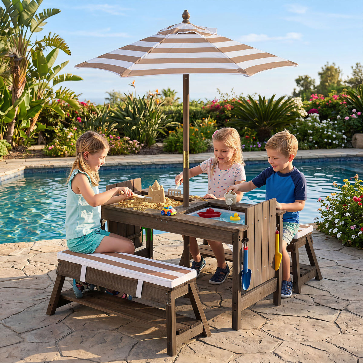 Outdoor Kids Wooden Picnic Table and Benches Set with Umbrella-Brown view 2