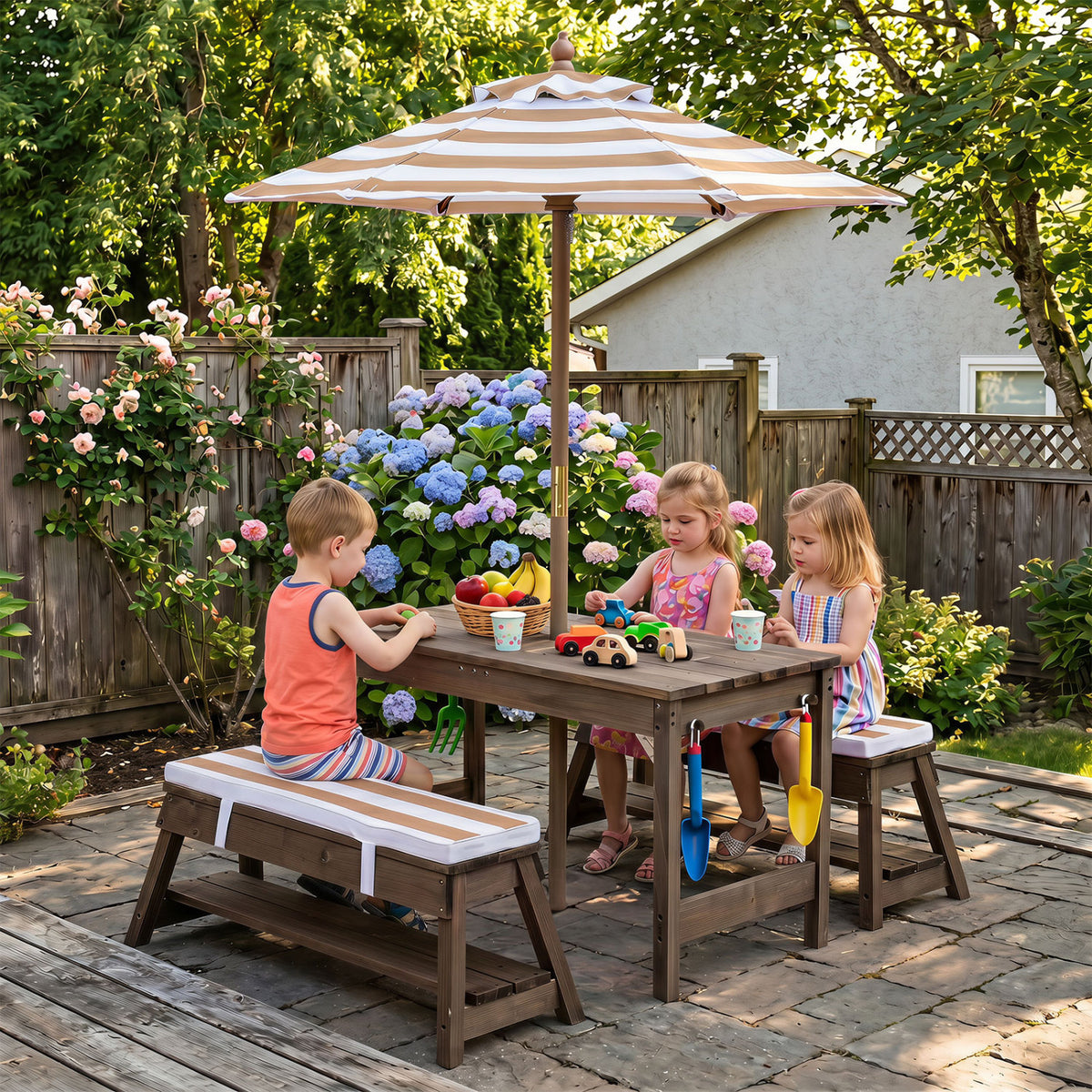 Outdoor Kids Wooden Picnic Table and Benches Set with Umbrella-Brown view 3