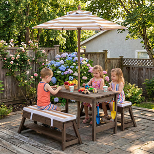 Outdoor Kids Wooden Picnic Table and Benches Set with Umbrella-Brown view 3
