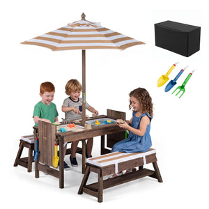 Outdoor Kids Wooden Picnic Table and Benches Set with Umbrella-Brown view 4