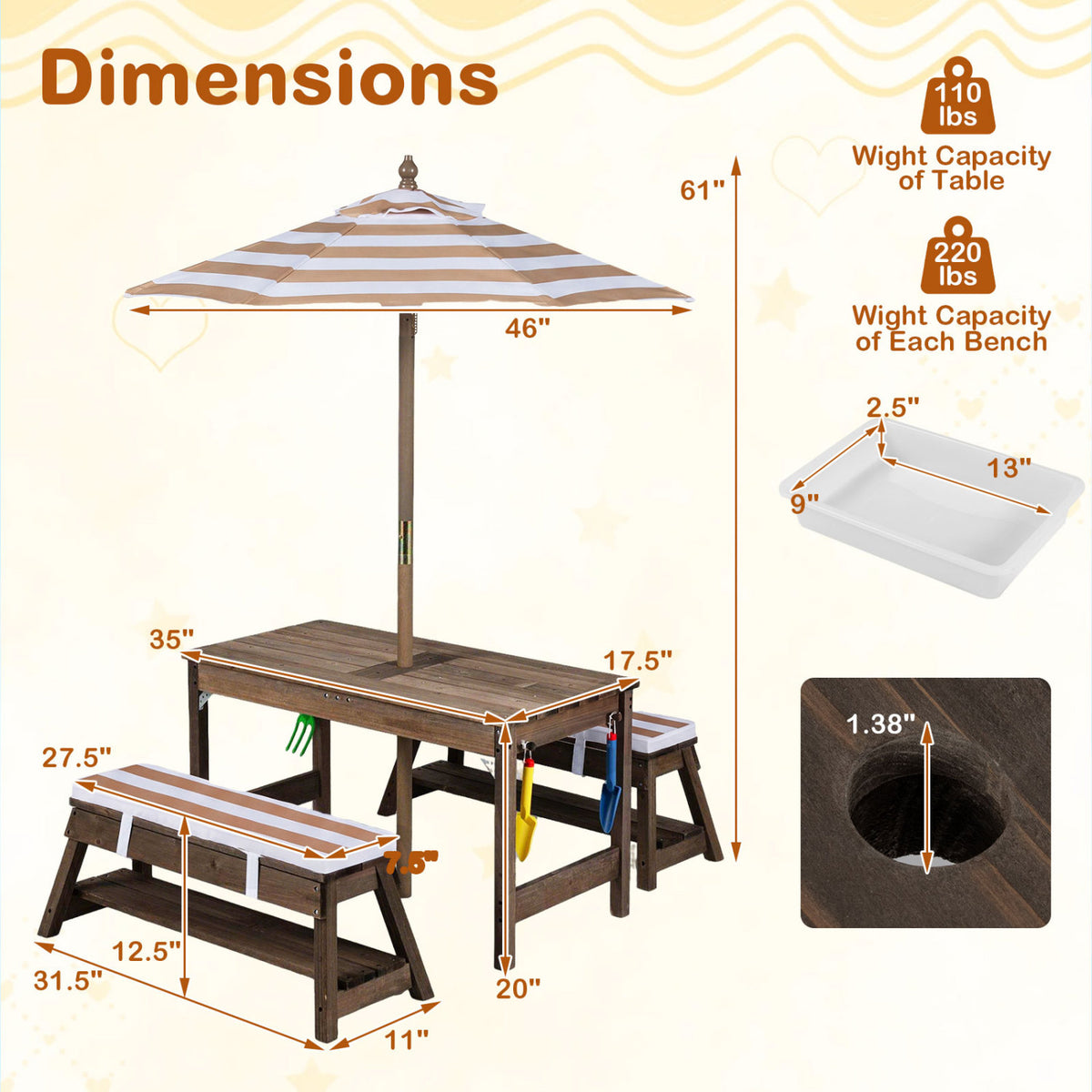 Outdoor Kids Wooden Picnic Table and Benches Set with Umbrella-Brown view 5