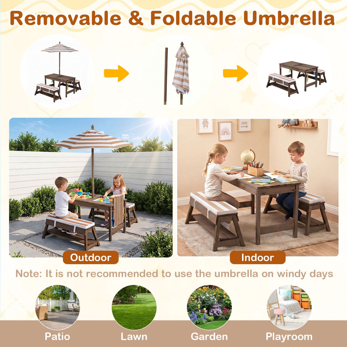 Outdoor Kids Wooden Picnic Table and Benches Set with Umbrella-Brown view 7