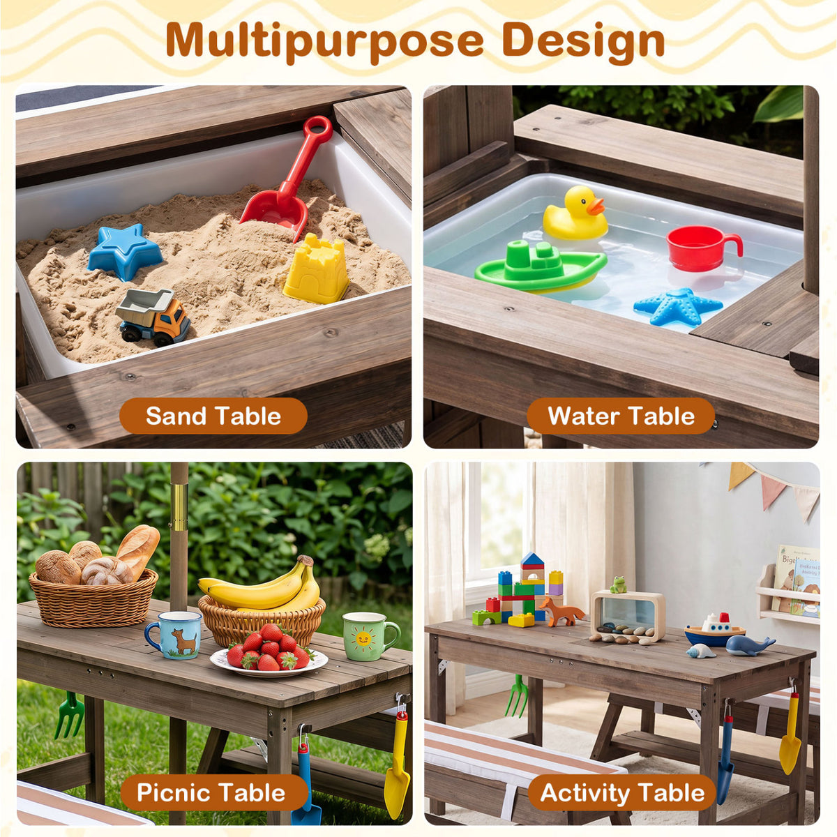 Outdoor Kids Wooden Picnic Table and Benches Set with Umbrella-Brown view 9