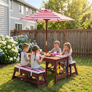 Outdoor Kids Wooden Picnic Table and Benches Set with Umbrella-Red view 2