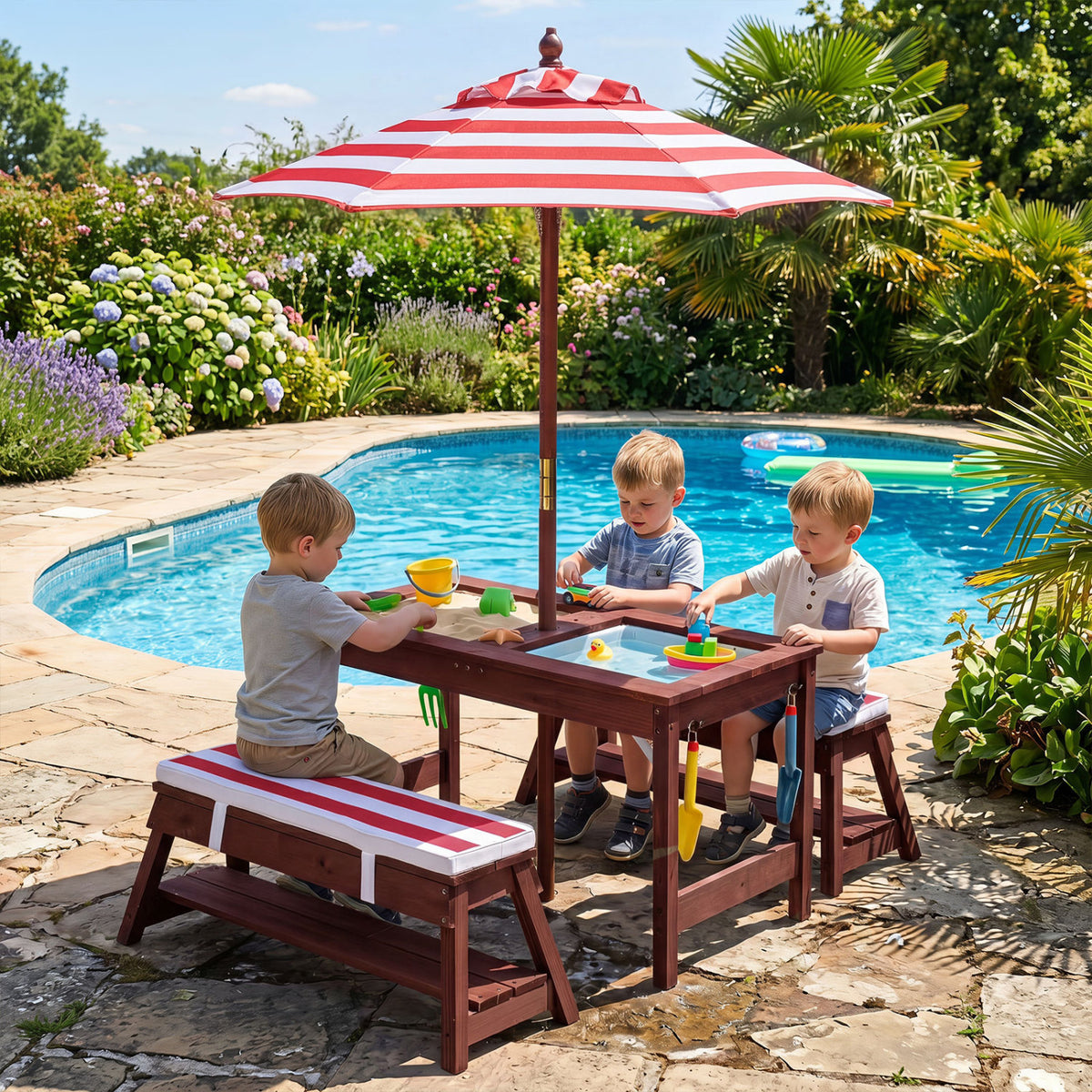 Outdoor Kids Wooden Picnic Table and Benches Set with Umbrella-Red view 3
