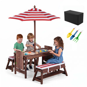 Outdoor Kids Wooden Picnic Table and Benches Set with Umbrella-Red view 4