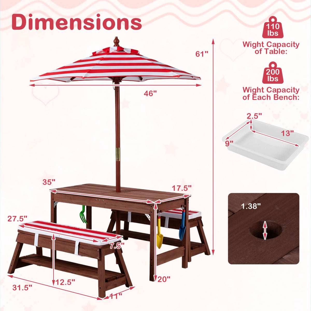 Outdoor Kids Wooden Picnic Table and Benches Set with Umbrella-Red view 5