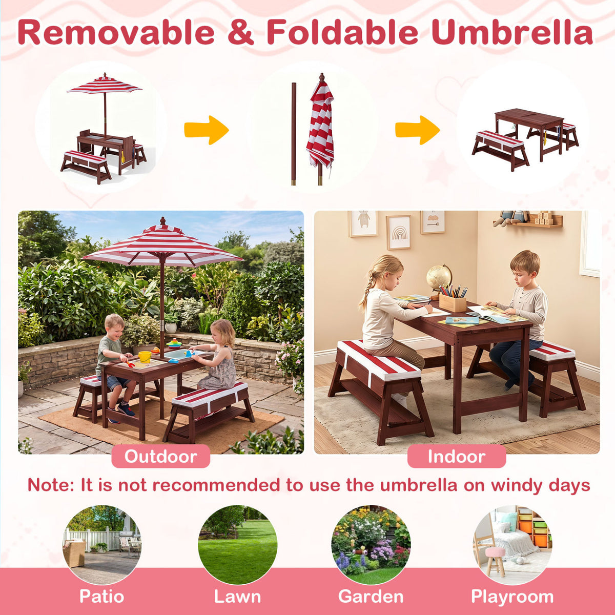 Outdoor Kids Wooden Picnic Table and Benches Set with Umbrella-Red view 6
