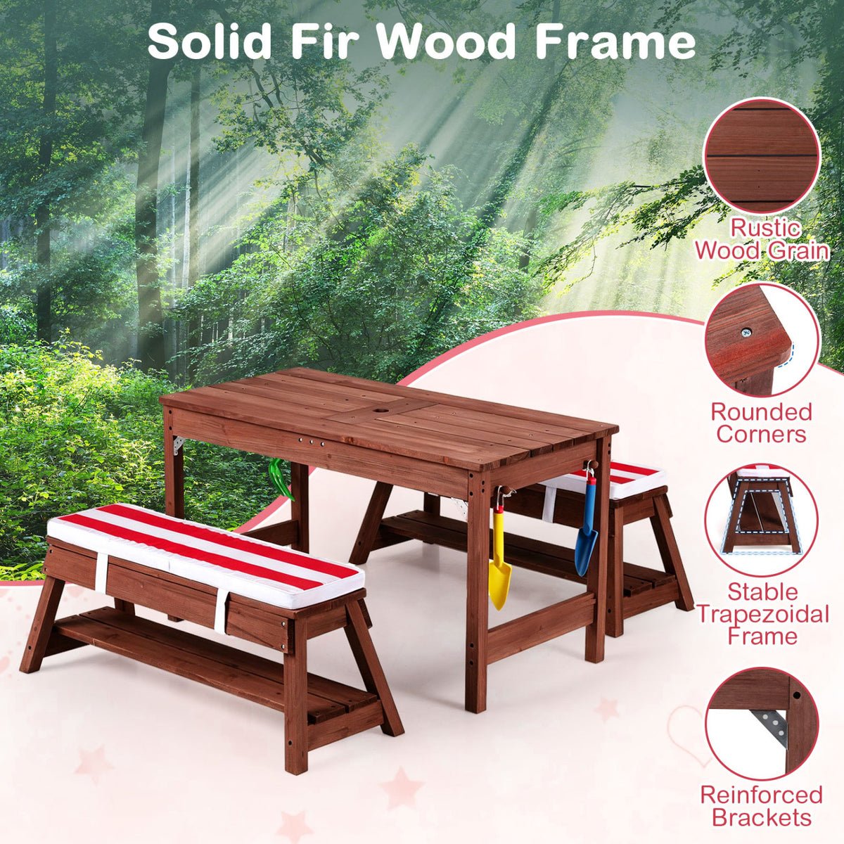 Outdoor Kids Wooden Picnic Table and Benches Set with Umbrella-Red view 7