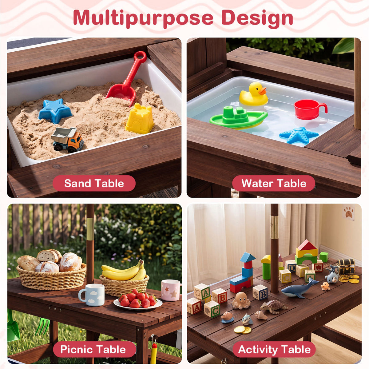 Outdoor Kids Wooden Picnic Table and Benches Set with Umbrella-Red view 9