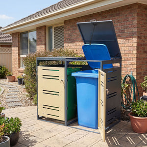 Outdoor Metal Garbage Bin Storage Shed for 2 Trash Cans-Yellow view 2