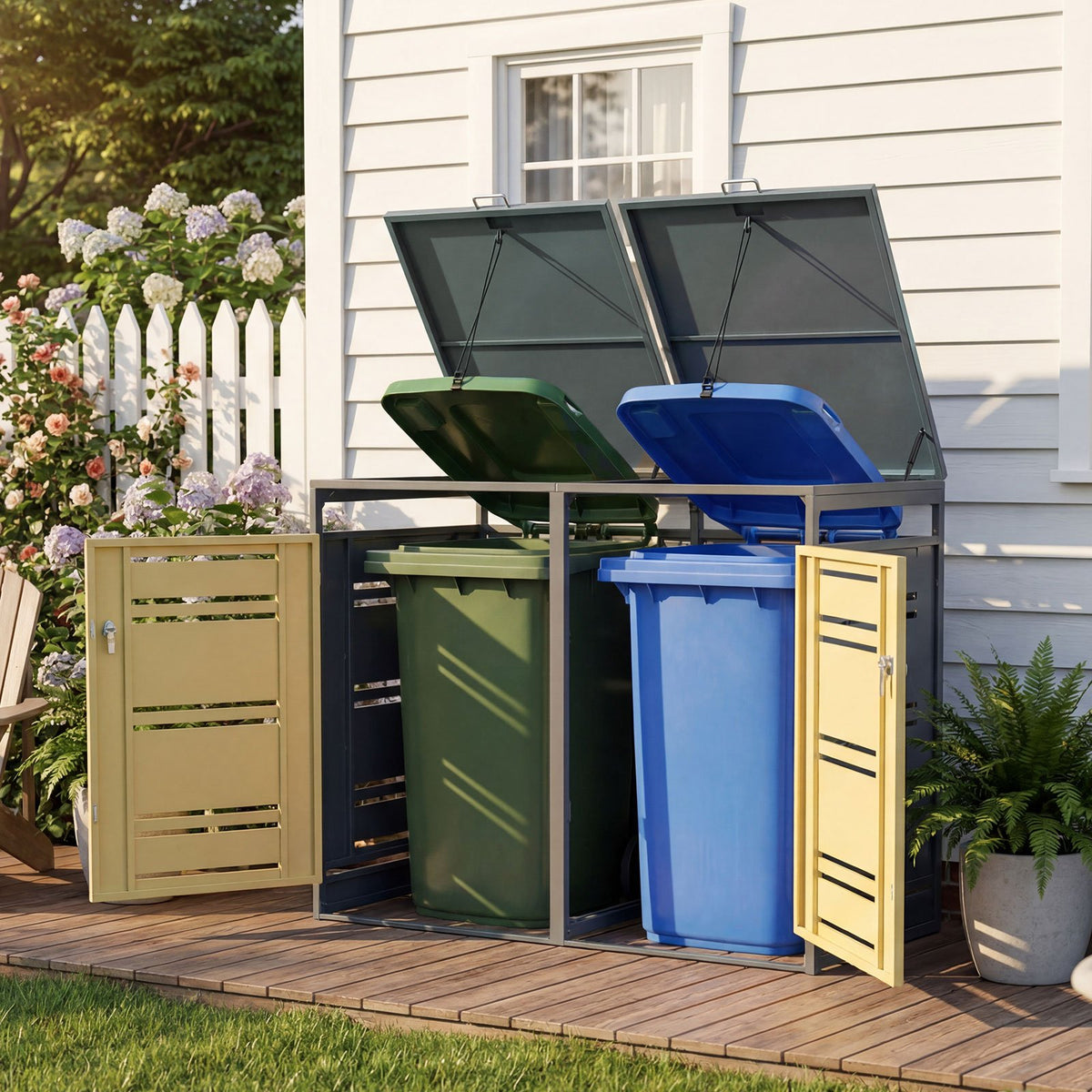Outdoor Metal Garbage Bin Storage Shed for 2 Trash Cans-Yellow view 3