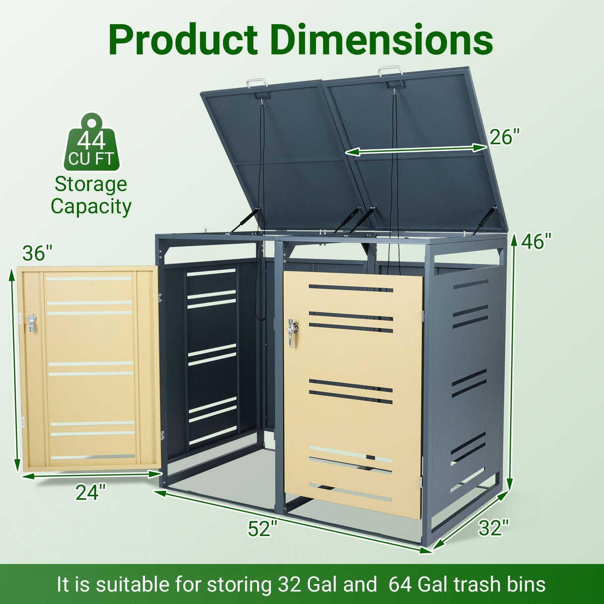 Outdoor Metal Garbage Bin Storage Shed for 2 Trash Cans-Yellow view 5
