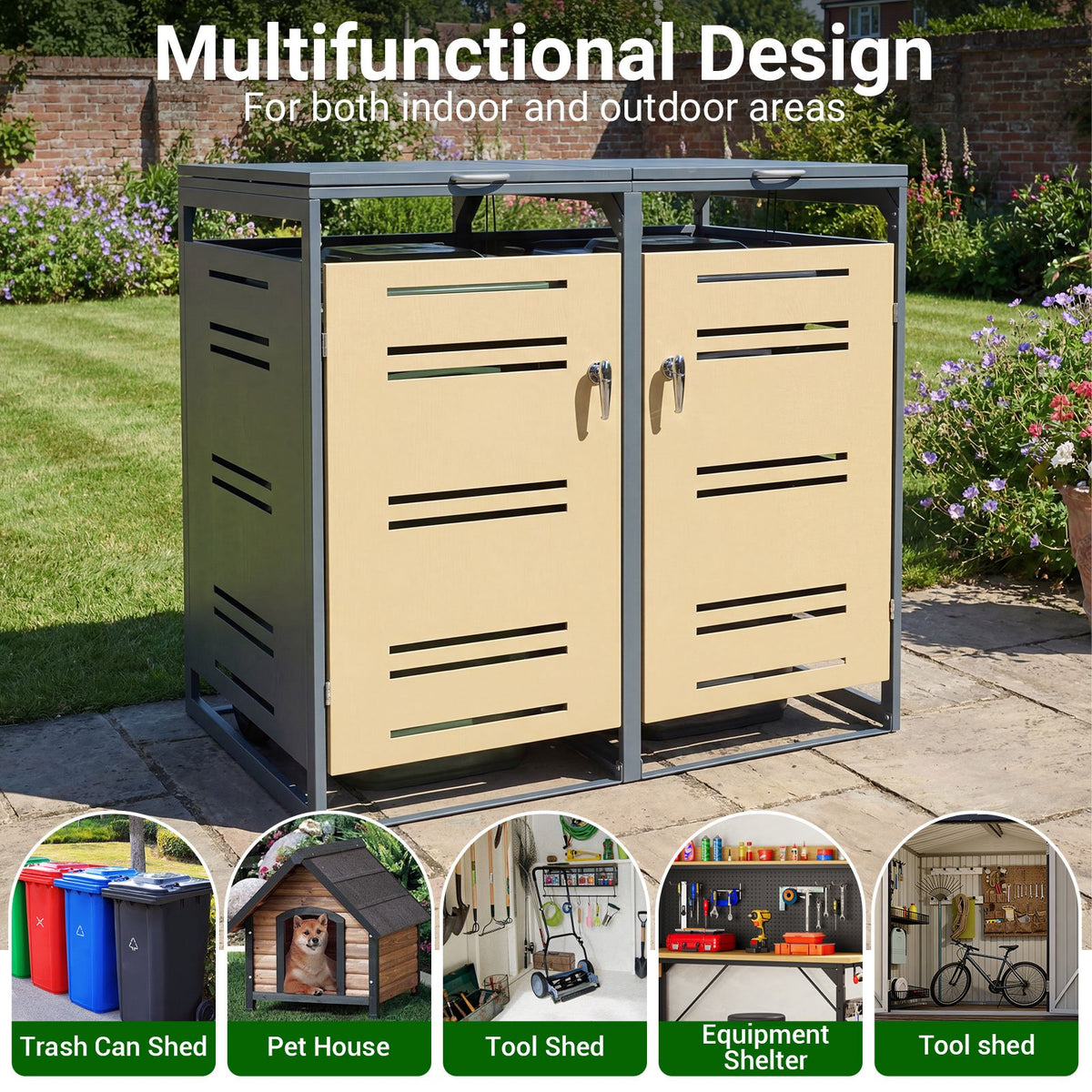 Outdoor Metal Garbage Bin Storage Shed for 2 Trash Cans-Yellow view 7