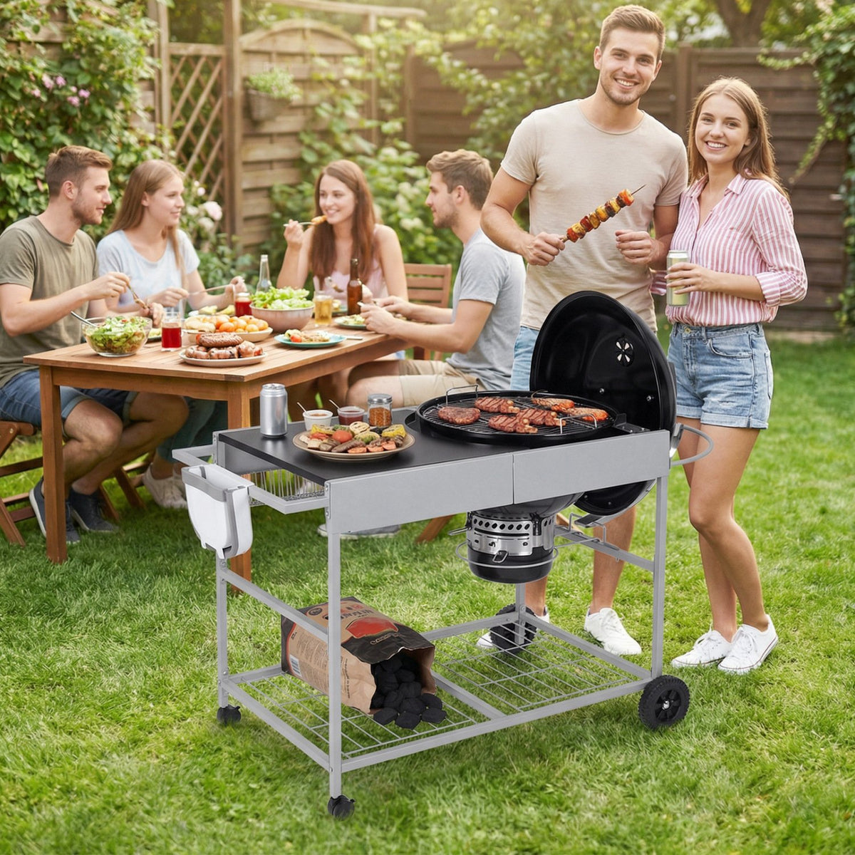 Outdoor Movable Grill Table for 18/22 Inch Weber Original Kettle for Camping-Black view 3