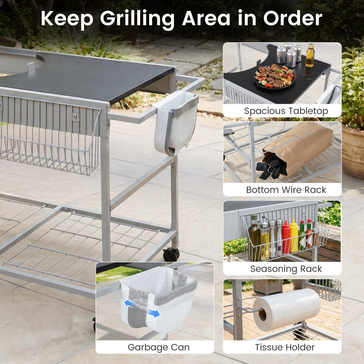 Outdoor Movable Grill Table for 18/22 Inch Weber Original Kettle for Camping-Black view 6