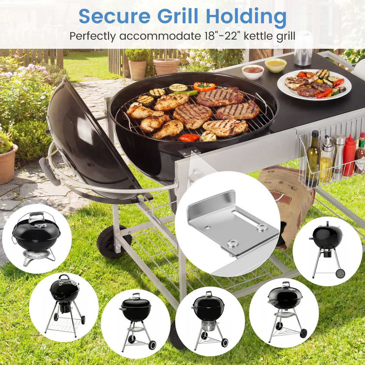 Outdoor Movable Grill Table for 18/22 Inch Weber Original Kettle for Camping-Black view 7
