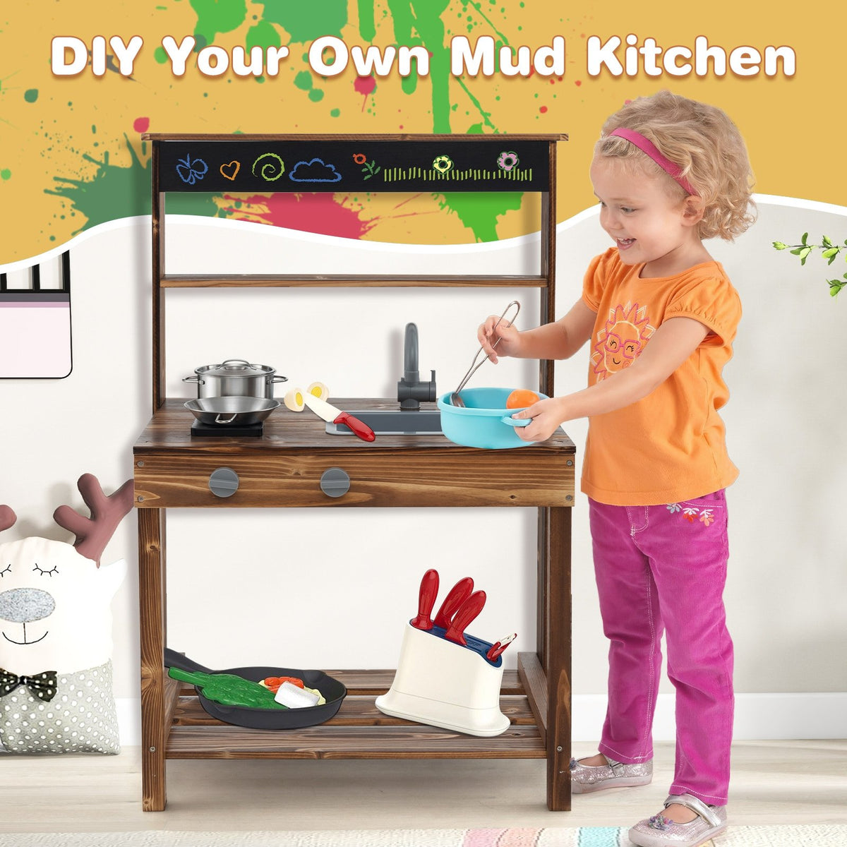 Outdoor Mud Kitchen for Kids with Rotatable Faucet and Removable Sink-Natural view 3